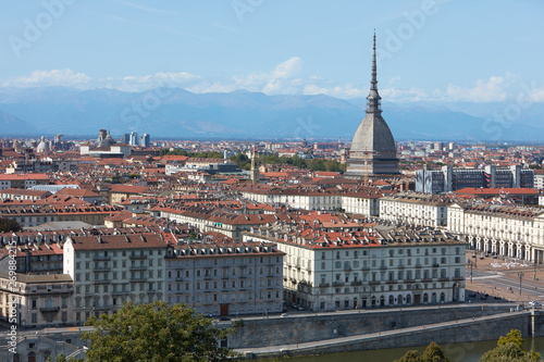 Turin skyline view and Mole Antonelliana tower in a sunny summer day in Italy