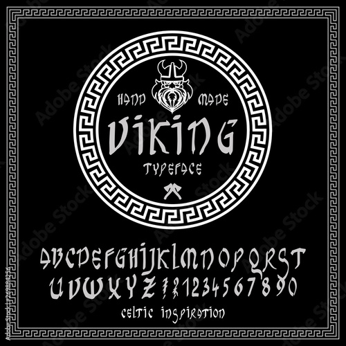 Viking typeface.Light print on Black background. Celtic or runic typeface with uppercase letters, numbers and additional symbols. Font perfect for headers, games or metal albums. 