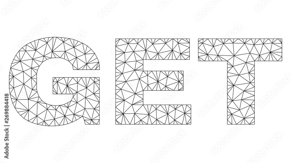 Mesh vector GET text label. Abstract lines and circle dots form GET black carcass symbols. Wire carcass 2D triangular mesh in vector EPS format.