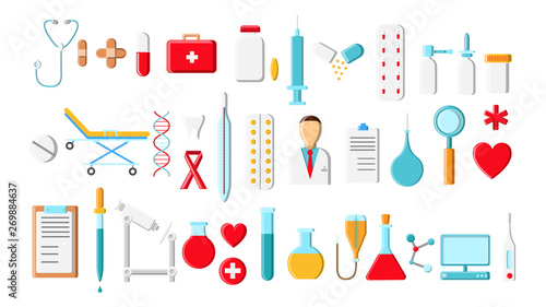 A large beautiful bright colored set of medical items and tools of a pharmacy or doctor's office, thermometer tablets syringes medication flasks on a white background. Vector illustration