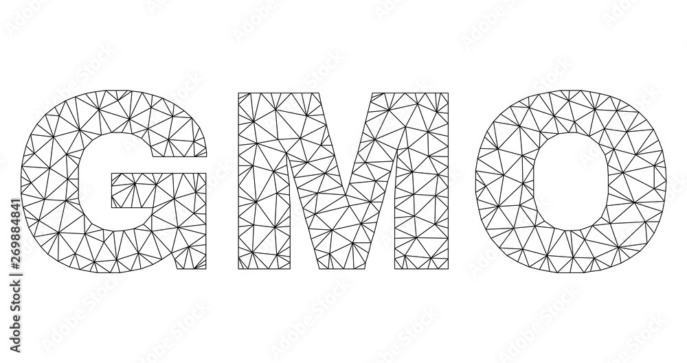 Mesh vector GMO text. Abstract lines and spheric points are organized into GMO black carcass symbols. Linear carcass flat polygonal mesh in vector format.
