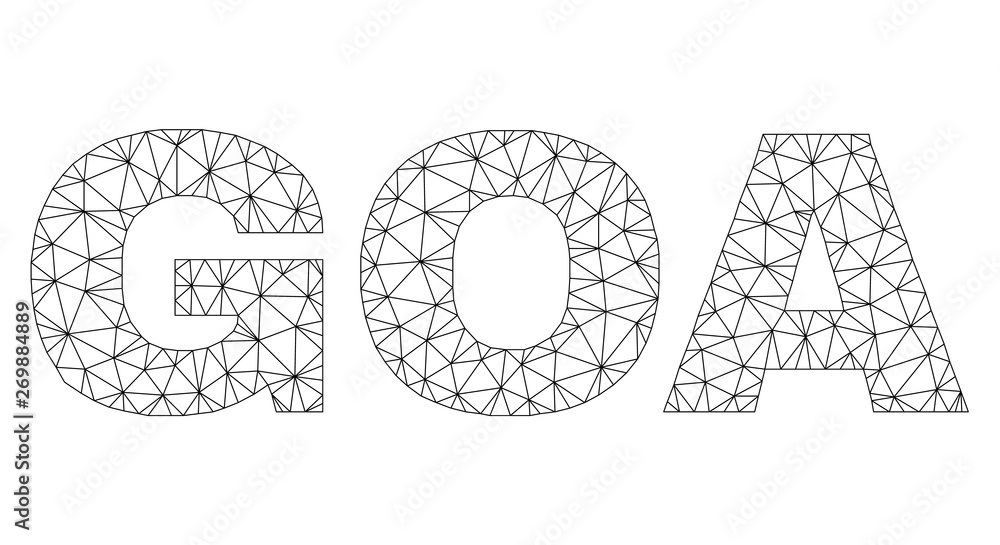 Mesh vector GOA text. Abstract lines and small circles are organized into GOA black carcass symbols. Wire carcass 2D triangular mesh in eps vector format. Mesh vector GOA text. Abstract lines and small circles are organized into GOA black carcass symbols. Wire carcass 2D triangular mesh in eps vector format.