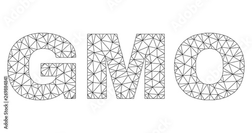 Mesh vector GMO text. Abstract lines and spheric points are organized into GMO black carcass symbols. Linear carcass flat polygonal mesh in vector format.