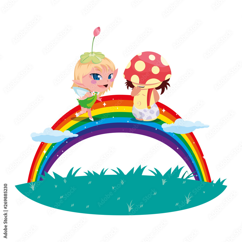 beautiful magic fairy and fungu elf with rainbow scene beautiful magic fairy and fungu elf with rainbow scene