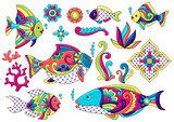 Set of decorative fishes. Mexican ceramic cute naive art.