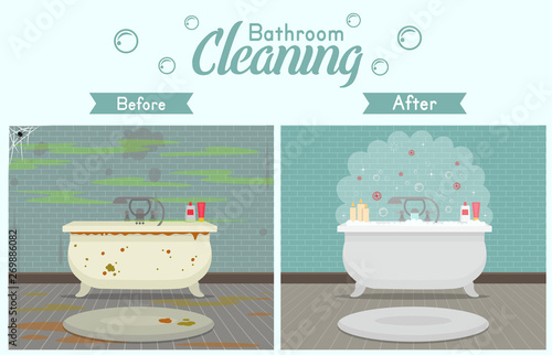Clean and dirty bathroom in a modern style. Concept for cleaning companies. Before and After Cleaning. Flat vector illustration.