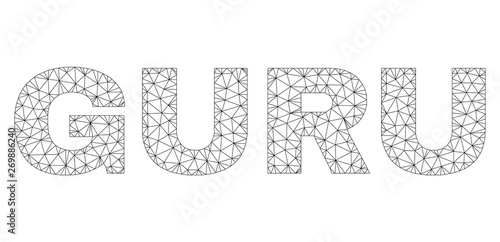 Mesh vector GURU text label. Abstract lines and circle dots form GURU black carcass symbols. Linear carcass flat triangular mesh in vector format.