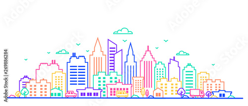 City landscape. Thin line City landscape in neon glow vivid colors.. Downtown landscape with high skyscrapers. Panorama architecture Goverment buildings Isolated outline illustration. Urban life.