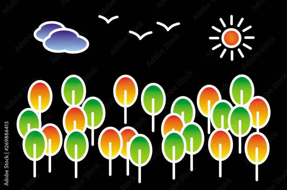 Symbolic simple cartoon colorful landscape. A tree on a black background, the sun, sky, birds. Primitive art picture. Vector graphics.