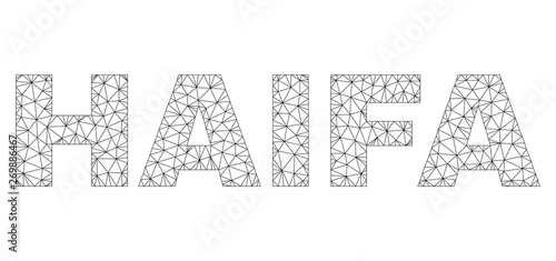 Mesh vector HAIFA text. Abstract lines and circle dots are organized into HAIFA black carcass symbols. Linear carcass flat triangular network in eps vector format.