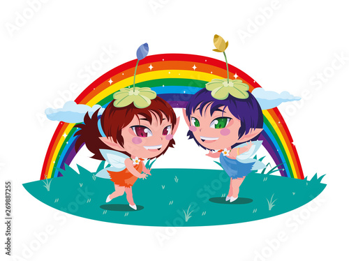 beautiful magic fairies with rainbow scene