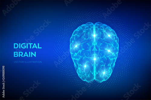 Brain. Digital brain with binary code. 3D Science and Technology concept. Neural network. IQ testing, artificial intelligence virtual emulation science technology. Vector illustration.