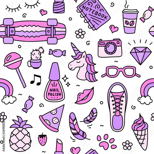 Teenager girl favorite cool things pink seamless pattern doodle