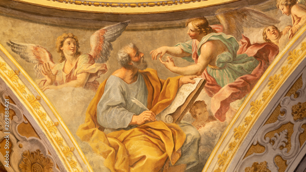 Fototapeta ACIREALE, ITALY - APRIL 11, 2018: The fresco of St. Matthew the Evangelist from the cupola of Duomo by Pietro Paolo Vasta (1735-1739).