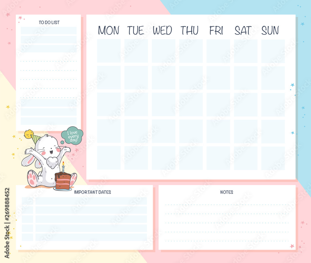 Vector set of monthly planner page design template calendar for children.  Cute hand drawn little bunny character. Flat lay, mock up. Pastel colors.  Back to school equipment. Stock Vector | Adobe Stock