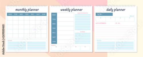 Vector set of monthly, weekly and daily planner  page design template. Flat lay, mock up. Pastel colors. Office business equipment.