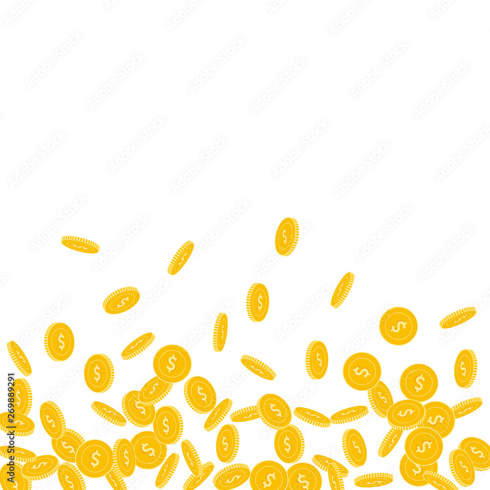 American dollar coins falling. Scattered small USD American dollar coins falling. Scattered small USD