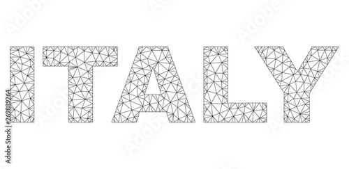 Mesh vector ITALY text label. Abstract lines and small circles are organized into ITALY black carcass symbols. Linear carcass 2D triangular mesh in vector EPS format.