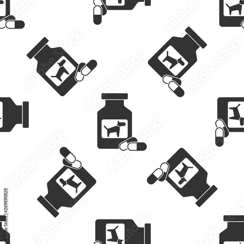 Grey Dog medicine bottle and pills icon isolated seamless pattern on white background. Container with pills. Prescription medicine for animal. Vector Illustration