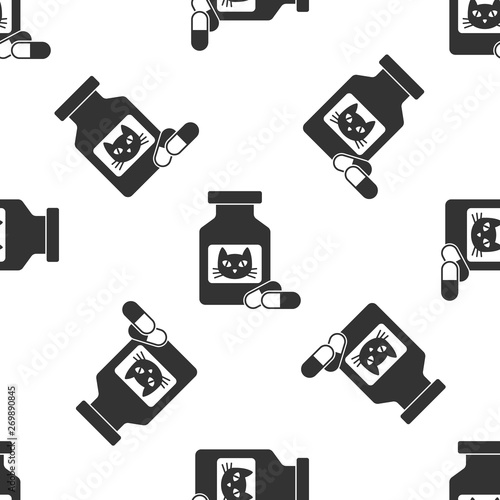 Grey Cat medicine bottle and pills icon isolated seamless pattern on white background. Container with pills. Prescription medicine for animal. Vector Illustration