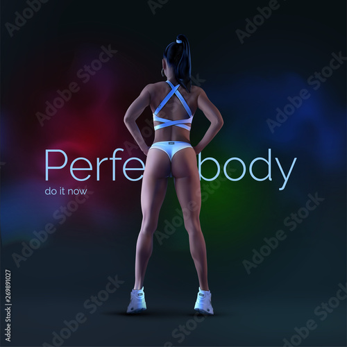Young, beautiful, sexy girl athlete on a dark background with skill diagrams. Fitness training, active lifestyle, sports. Beautiful sexy body. Vector realistic illustration