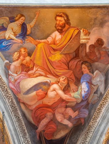 COMO, ITALY - MAY 8, 2015: The fresco of St. Matthew the evangelist in church Basilica di San Fedele by Giovanni Valtorta  (1846). photo