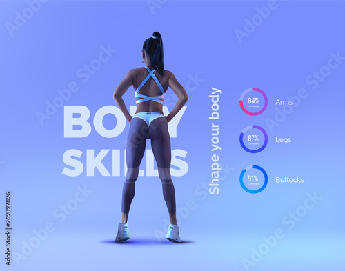 Young, beautiful, sexy girl athlete on a blue background with diagrams of skills. Fitness workout, active lifestyle, sports. Beautiful sexy body. Vector realistic illustration