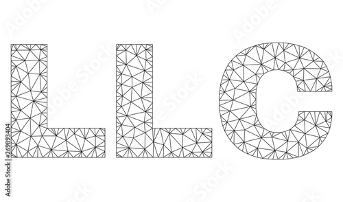 Mesh vector LLC text. Abstract lines and small circles form LLC black carcass symbols. Wire carcass flat polygonal mesh in vector EPS format.