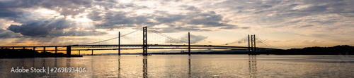 Beautiful sunset at The Forth road bridge and Queensferry crossing bridge Edinburgh