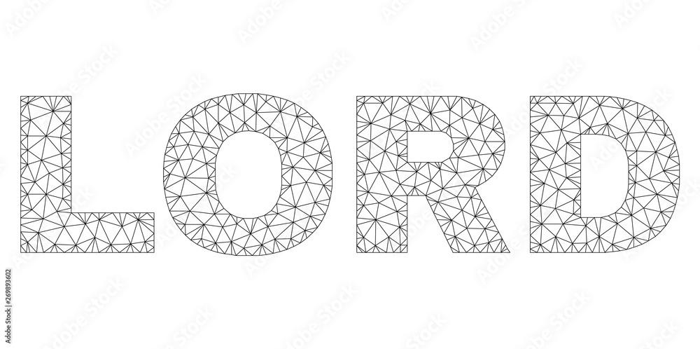 Mesh vector LORD text. Abstract lines and spheric points are organized into LORD black carcass symbols. Wire carcass flat polygonal mesh in vector format.