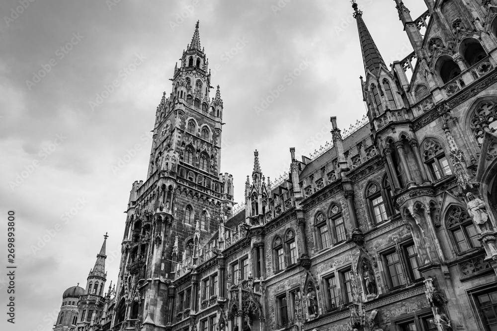 New town hall tower at Marienplatz black and white, Munich