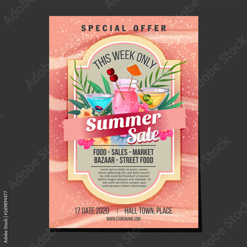 summer sales poster sand beach texture cocktail drink theme