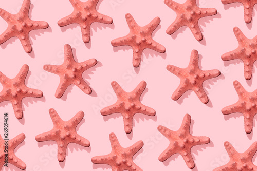 Starfish pattern on pink . Summer minimalistic background. Top view, flat lay