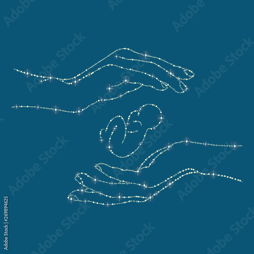 Abstract image of a hand. The silhouette of the hand and the baby in the womb consisting of the stars. Concept of care protection. Symbol of the universe of God. Vector illustration...