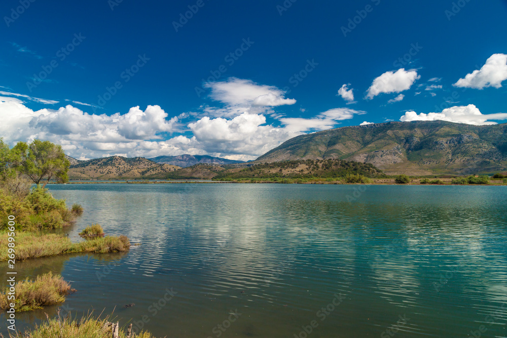 Panorama of Lake Butrint, wild landscape of Butrint area, UNESCO's World Heritage site in the south of Albania, Europe.