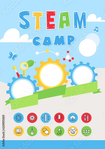 Steam Education Kids Summer Camp Colorful Poster and Steam Icons Set. Vector Flat Design