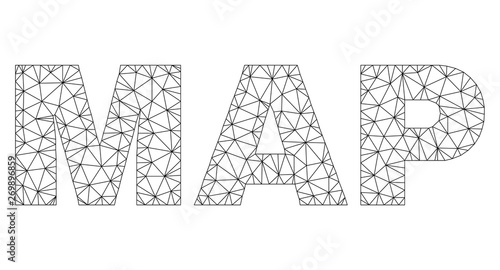 Mesh vector MAP text label. Abstract lines and spheric points form MAP black carcass symbols. Wire carcass flat triangular mesh in vector format.