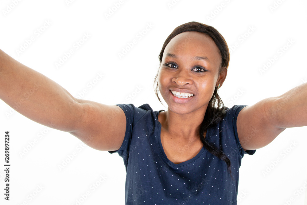 Beautiful african american woman taking selfie photo isolated over white background Beautiful african american woman taking selfie photo isolated over white background
