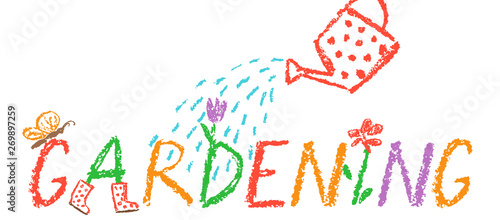Crayon gardening header border background. Like child hand drawing funny outdoor copy space. Pencil or pastel chalk vector hand lettering font. Drawn flower, watering can shower, plant