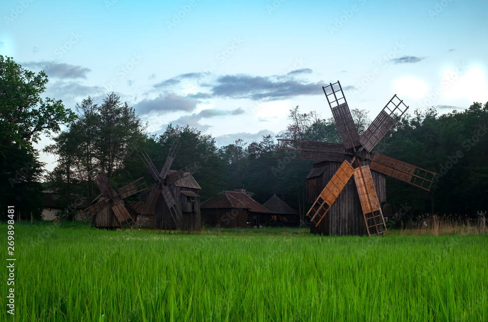 Naklejka premium Landscape with wind mills in Dumbrava lake, Astra Museum of Traditional Folk Civilization, Sibiu city, Romania