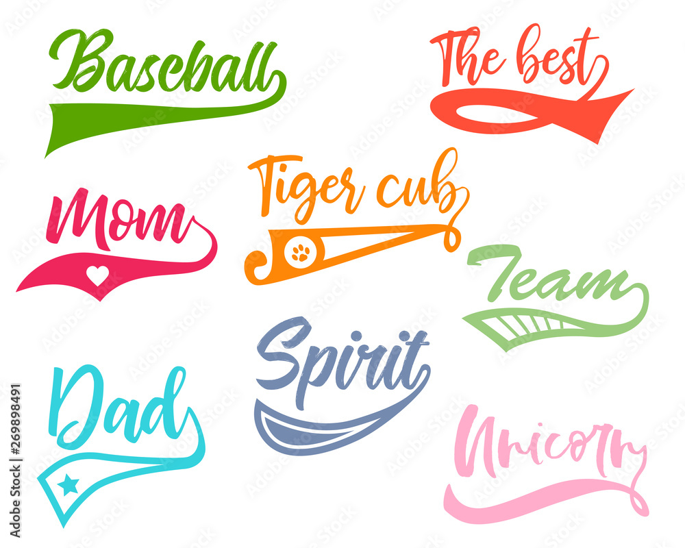 Swoosh and swash text tails vector set. Font tail for baseball sport logo  design. Swoosh, Swash, Swish, Swirl vector element, Set of Typography Tail  Stock Vector