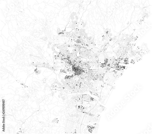 Satellite map of Sendai, it is the capital city of Miyagi Prefecture, Japan, the largest city in the Tohoku region. Map of streets and buildings of the town center