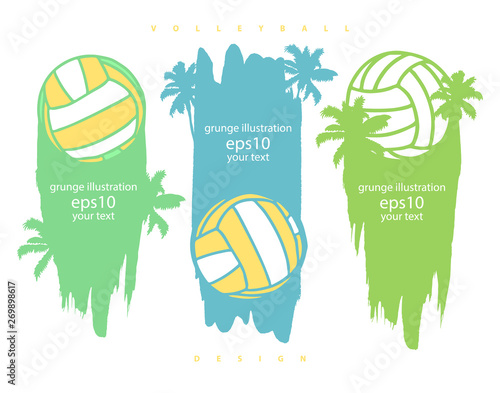 Collection of summer grunge illustrations for volleyball. Abstract sports backgrounds. Hand drawing, print design for t-shirt, banner, postcard, poster.