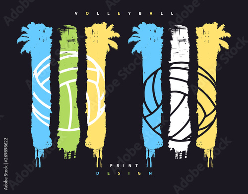 Collection of vector bright designs for volleyball. Sports print for t-shirts, posters, banners, flyers, cards. Hand drawing, grunge style. Abstract stripes with palm trees.