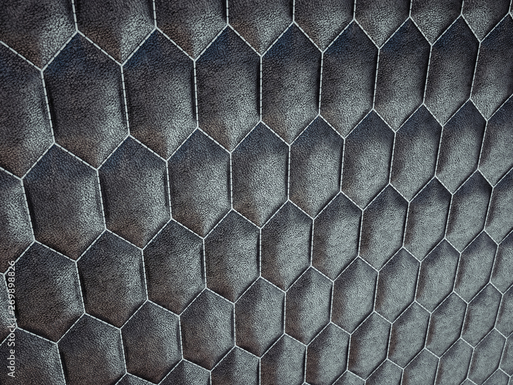 Leather stitched hexagon or honecomb black shiny texture Leather stitched hexagon or honecomb black shiny texture