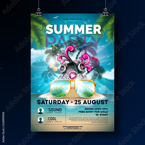 Summer Beach Party Flyer Design with flower, beach ball and sun glasses. Vector Summer nature floral elements, tropical plants and typographic elements on blue cloudy sky background. Design template