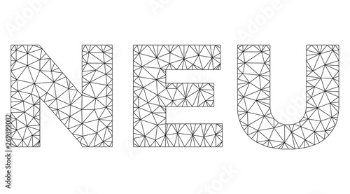Mesh vector NEU text. Abstract lines and spheric points form NEU black carcass symbols. Wire carcass 2D polygonal mesh in vector EPS format.