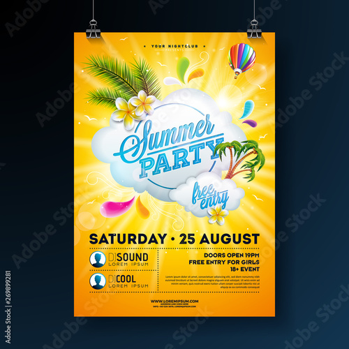 Vector Summer Party Flyer Design with flower, palm trees and sun glasses on sun yellow background. Summer nature floral elements, tropical plants, air balloon and typographic elements. Design template