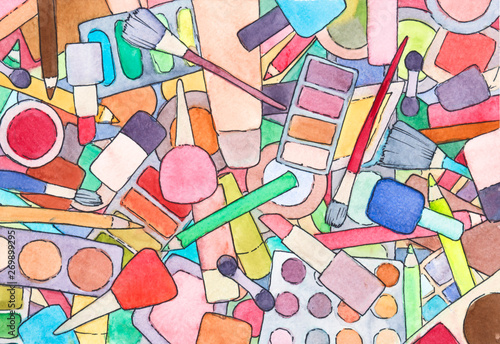 watercolor background of makeup pile illustration 
