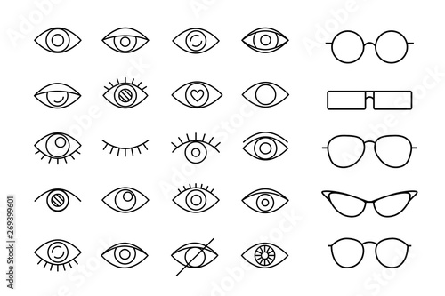 Linear eyes with eyeglasses. Vector set